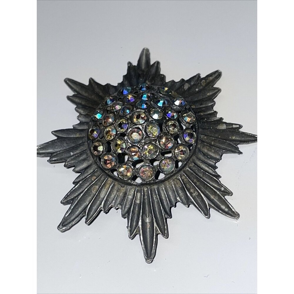 VTG 50s Rhinestone Brooch Large Metal Starburst w Rhinestones Aurora Borealis